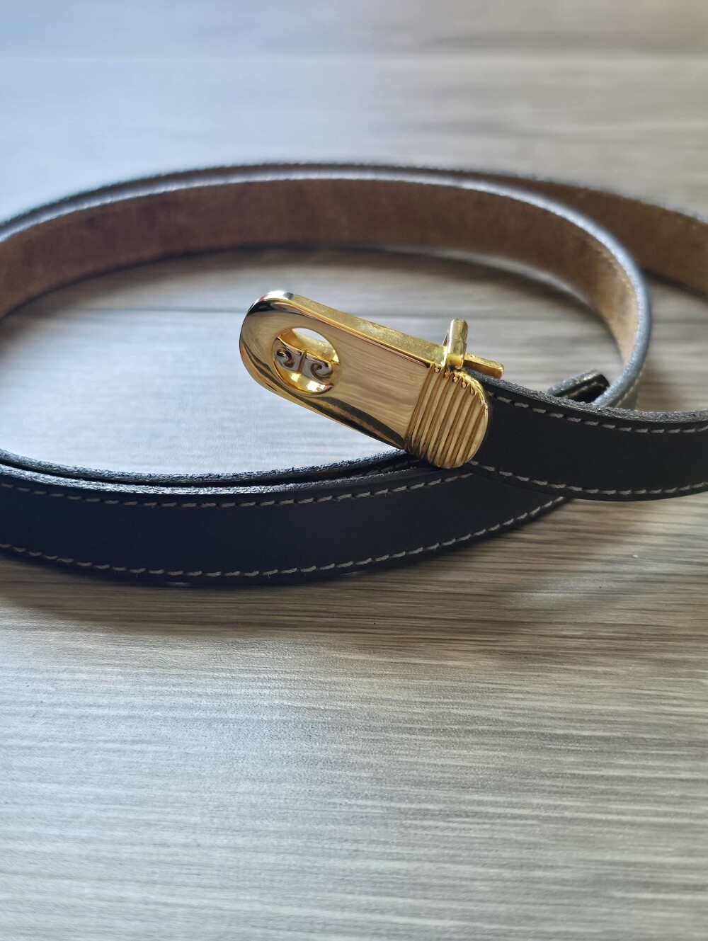 Pierre Cardin Vintage Top Grain Leather Belt Blue Gold Buckle Skinny